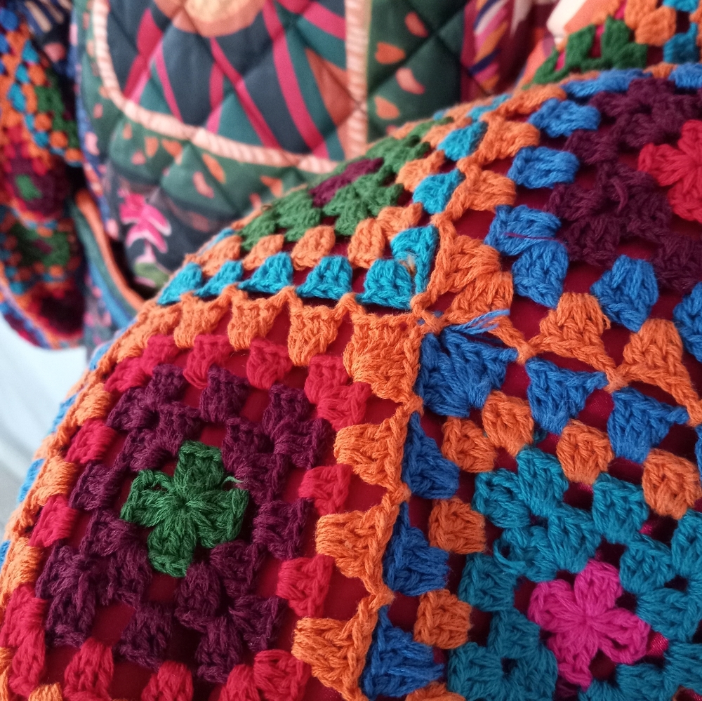 Farm Rio Patchwork Tapestry Crochet Puffer Jacket M - Picture 8 of 16